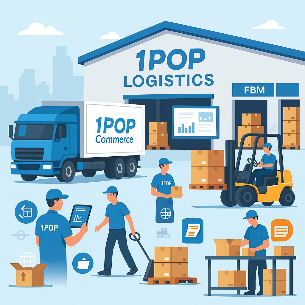 Cartoon-style illustration of 1POP Logistics warehouse showing eCommerce fulfillment, 3PL services, kitting, and FBM/FBA operations