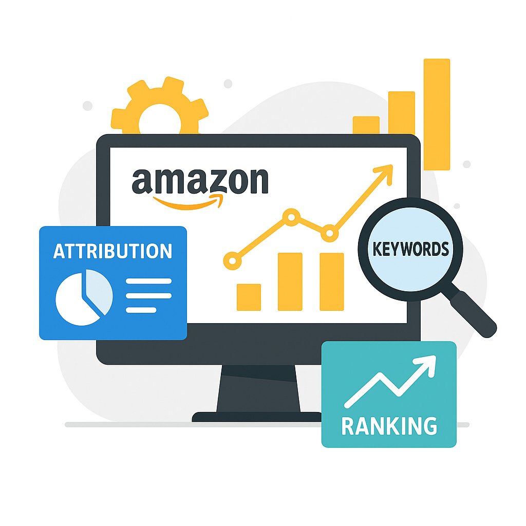 Illustration of Amazon performance tools showing attribution tracking, keyword analysis, and ranking optimization on a computer screen.