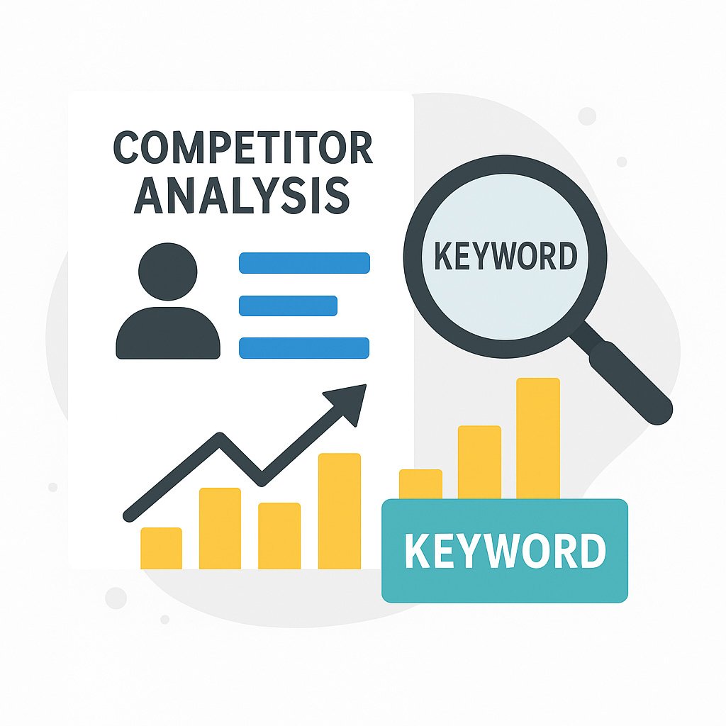 Illustration showing competitor analysis report, keyword research tools, and rising bar graphs representing Amazon SEO insights.
