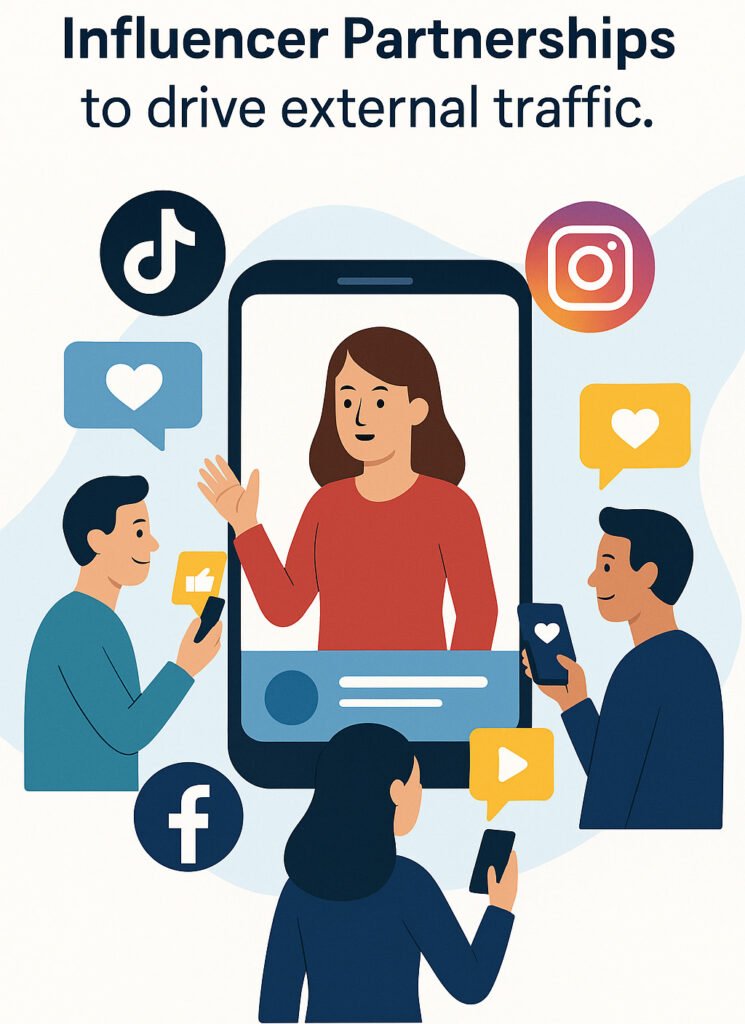 Illustration of an influencer on a smartphone engaging users on TikTok, Instagram, and Facebook to promote products and drive traffic.
