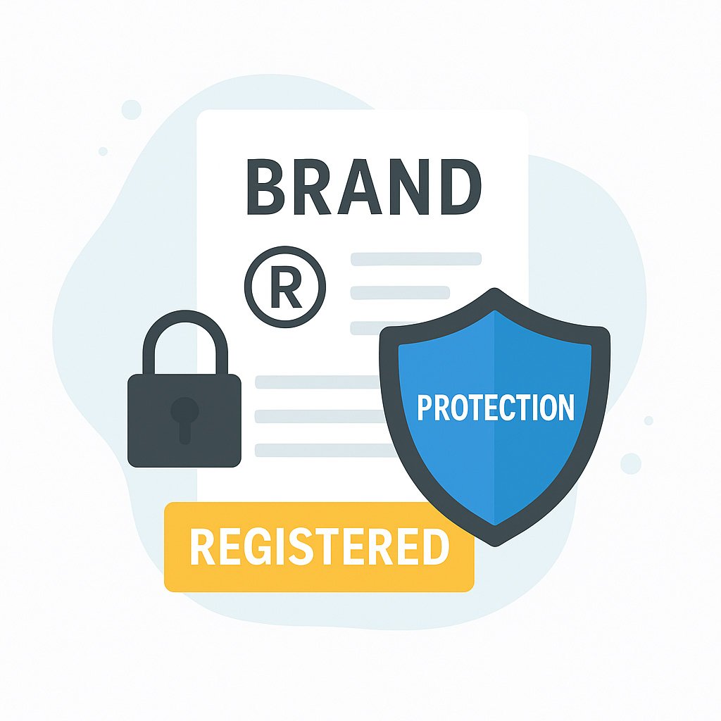Illustration of a brand registration document with a shield labeled "Protection," a padlock, and a “Registered” badge symbolizing trademark and brand security.