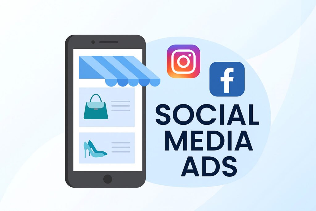 Flat-style illustration of a smartphone displaying an online store with icons for Instagram and Facebook, highlighting social media advertising.