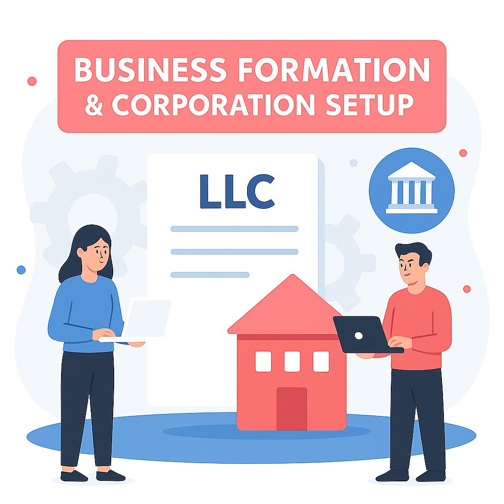 Digital illustration of a man and woman with laptops next to an LLC document and building icon, symbolizing business formation and corporation setup services.