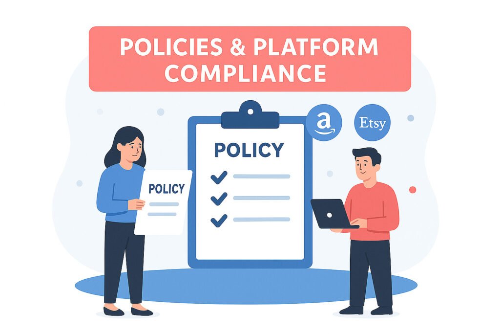 Illustration of two people reviewing documents and checklists with platform icons, representing help with store policies and marketplace compliance.