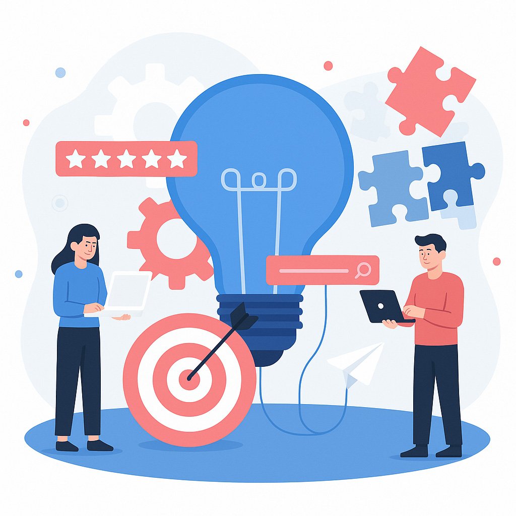 Flat-style digital illustration of two professionals using laptops around a large blue lightbulb with puzzle pieces, a red target, gear, search bar, paper airplane, and five-star rating symbol, representing business solutions, innovation, and teamwork.