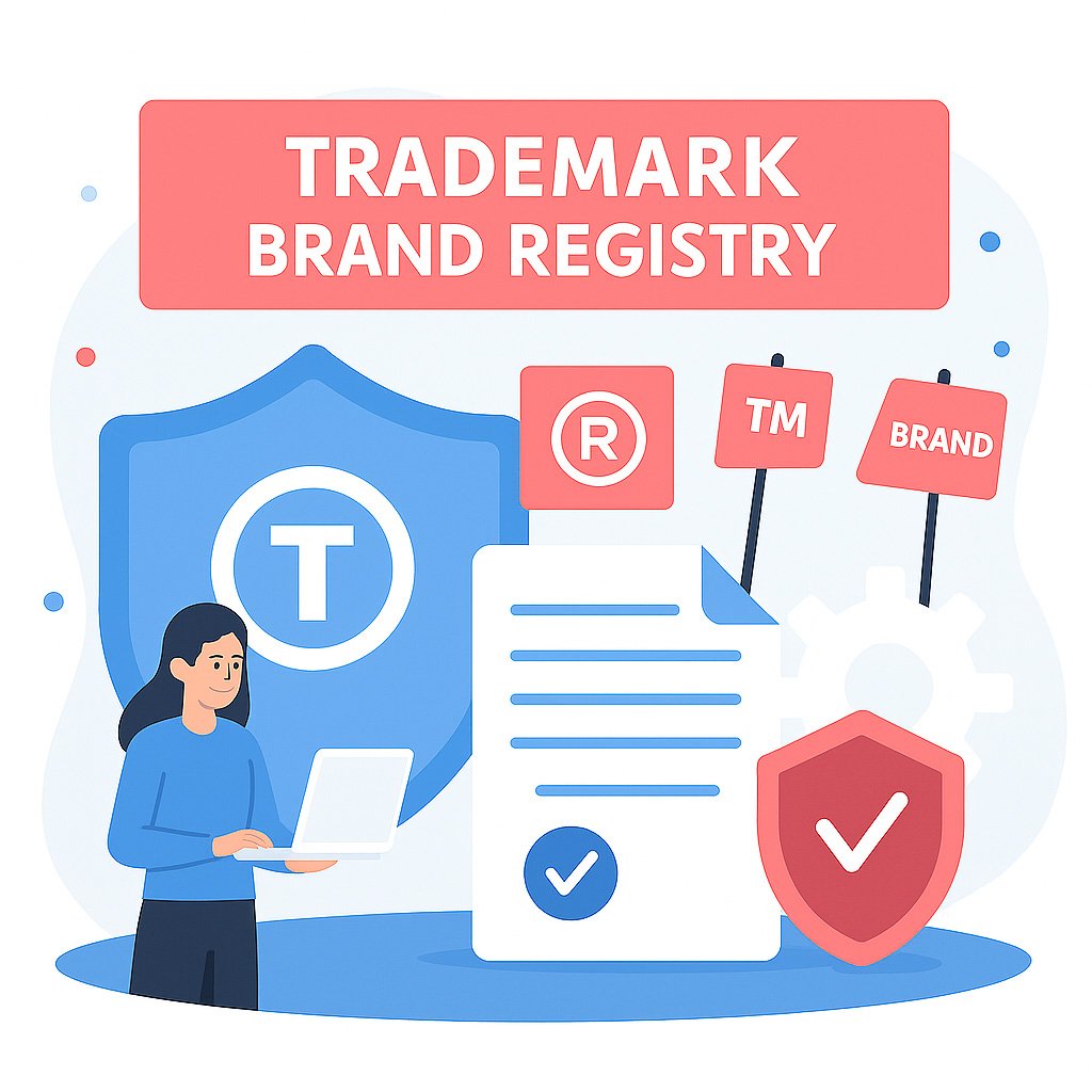 Illustration of a woman with a laptop beside trademark icons, shields, and a legal document representing brand registry and trademark protection.