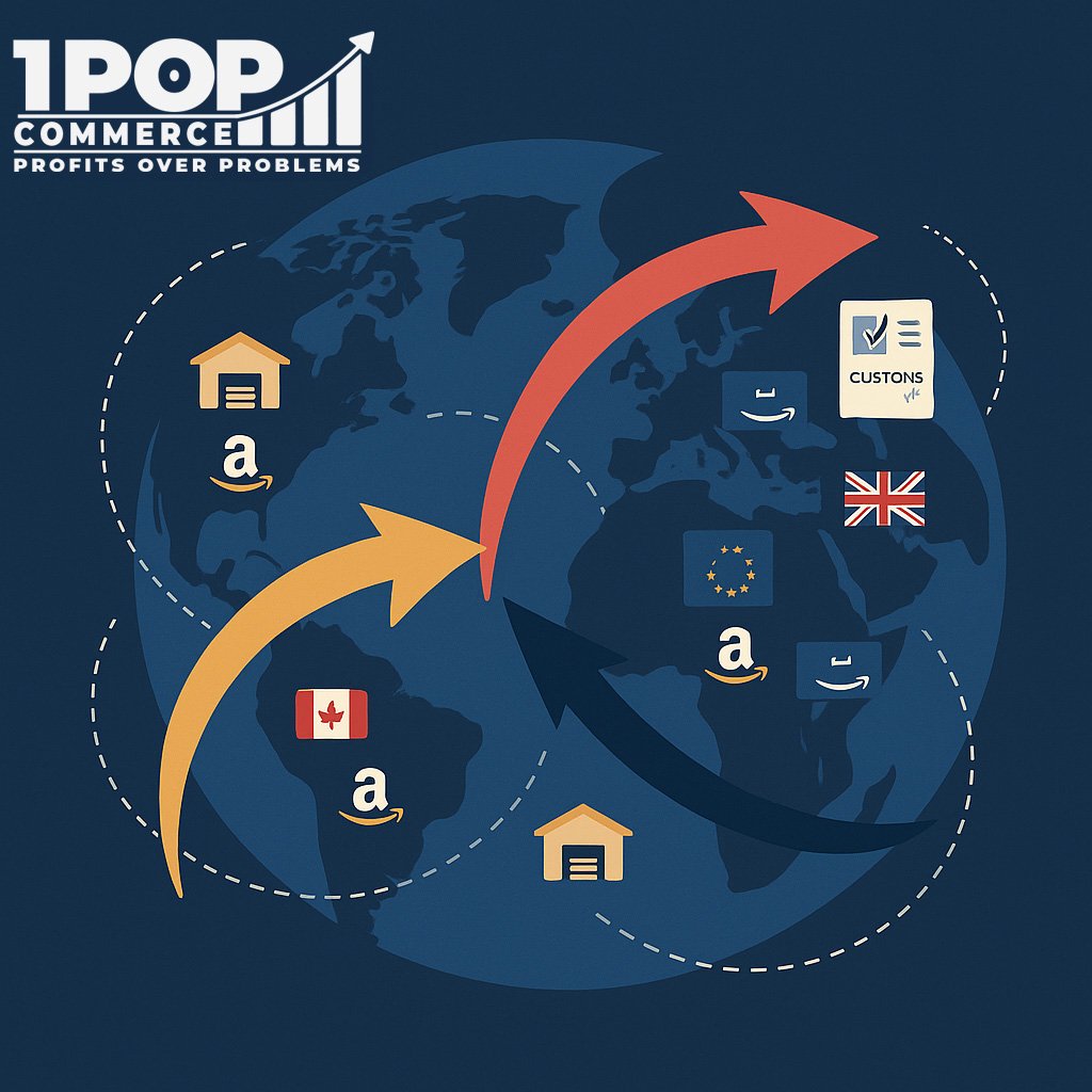 Illustration of global logistics and eCommerce expansion with arrows circling the globe, highlighting Amazon marketplace growth across continents.