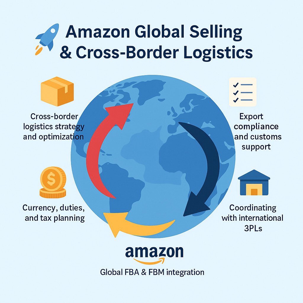 Infographic showing a globe surrounded by arrows and icons representing global FBA integration, cross-border logistics, customs compliance, tax planning, and coordination with 3PL providers.