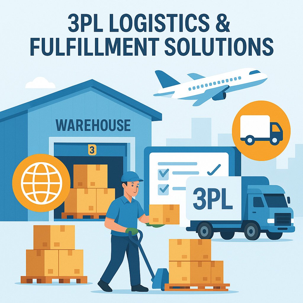 Illustration of 3PL logistics services showing a warehouse, pallet jack operator, delivery truck, and airplane for global eCommerce fulfillment