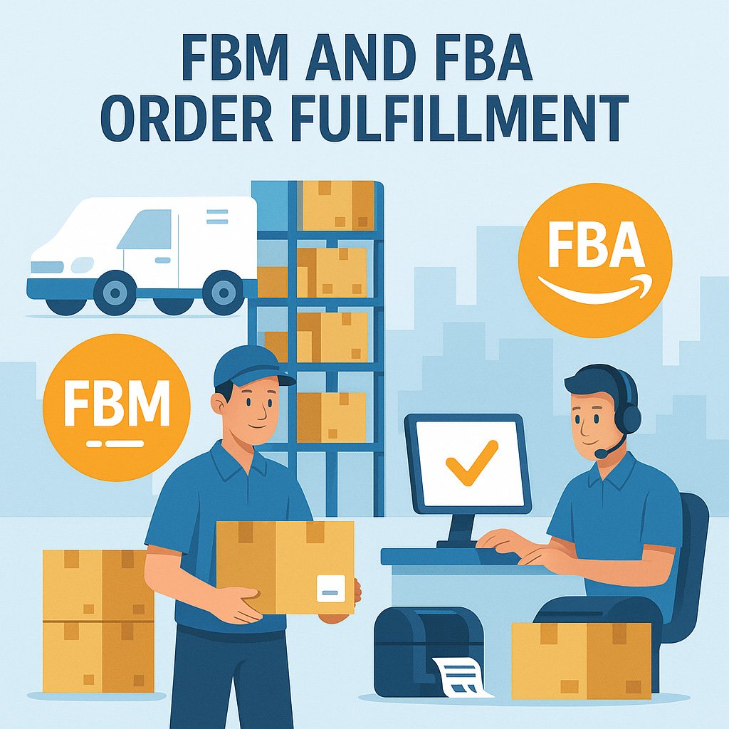 Illustration of FBM and FBA order fulfillment with warehouse workers, computer, shipping labels, boxes, and Amazon FBA icon