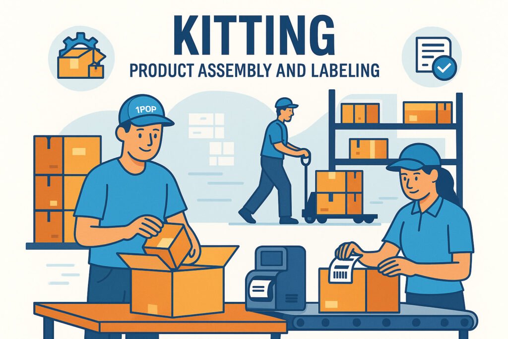 Illustration of warehouse workers assembling products, printing labels, and organizing kitted packages for eCommerce fulfillment