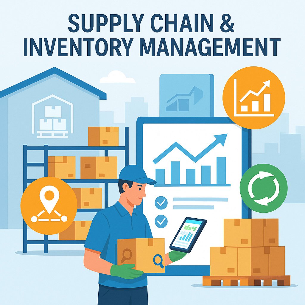 Illustration of warehouse worker using tablet for inventory tracking with charts, barcodes, and storage shelves representing supply chain management