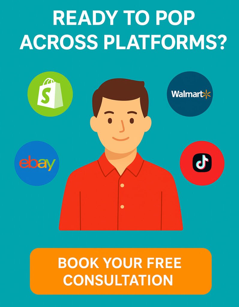 Illustration with a person surrounded by Shopify, Walmart, eBay, and TikTok icons with a call-to-action button that says “Book Your Free Consultation”
