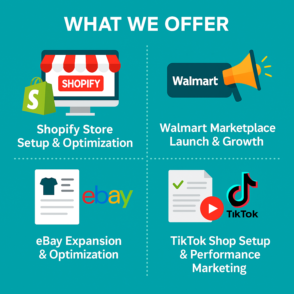 Infographic showing 1POP Commerce’s core eCommerce services: Shopify store setup, Walmart Marketplace growth, eBay optimization, and TikTok Shop marketing