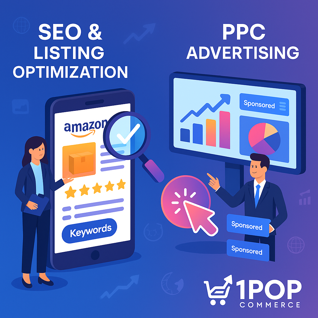 Illustration showing Amazon SEO and listing optimization with star ratings and keywords, alongside PPC advertising with charts, sponsored ads, and a click icon in 1POP Commerce branding.