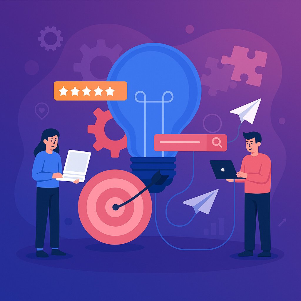 Illustration of external traffic and brand growth strategies with a glowing lightbulb, target, laptop users, and digital marketing icons in 1POP Commerce branding.