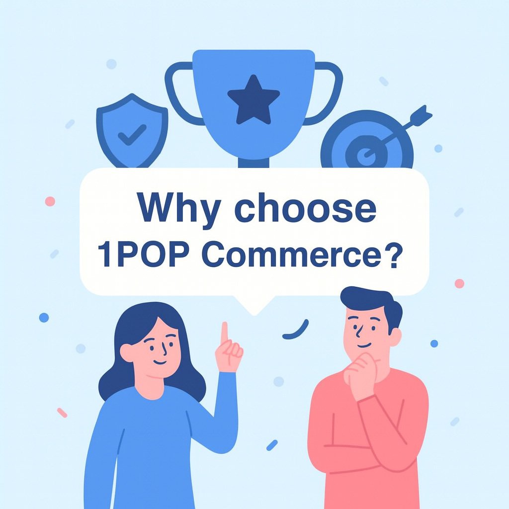 Illustration of two people discussing Amazon seller consulting services with a trophy, shield, and target icons above text reading “Why Choose 1POP Commerce?”